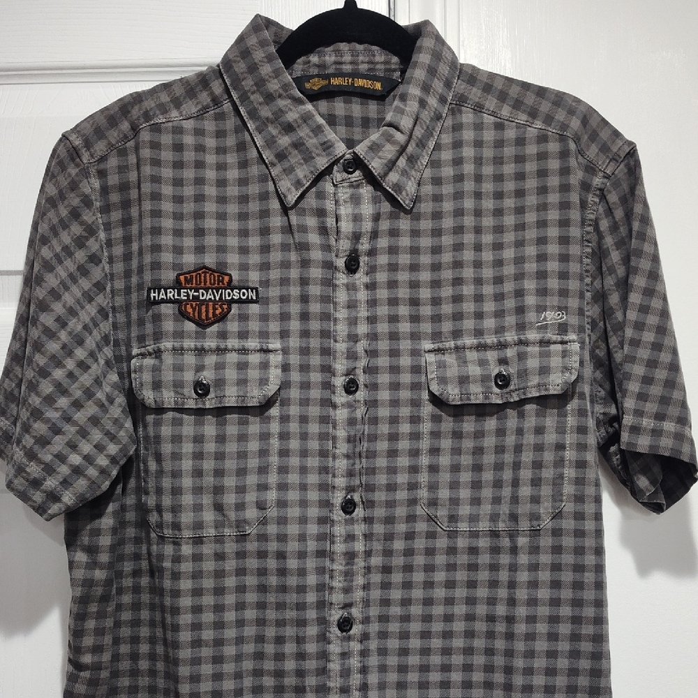 Harley-Davidson Men's Gray Plaid Short-Sleeve Button-Up Shirt In Size Large